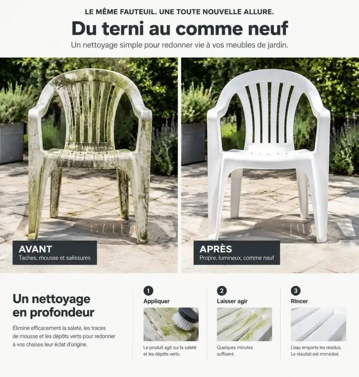 Avant après nettoyage salon de jardin en plastique vert
