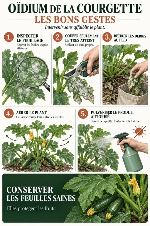 Traitement oidium courgette : étapes pour retirer les feuilles atteintes, aérer le plant et préserver le feuillage sain