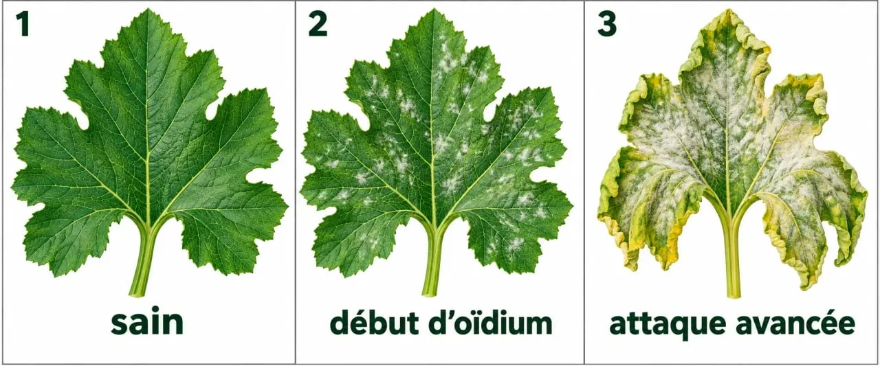 Traitement oidium courgette : reconnaître les symptômes sur une feuille saine, légèrement atteinte ou fortement contaminée