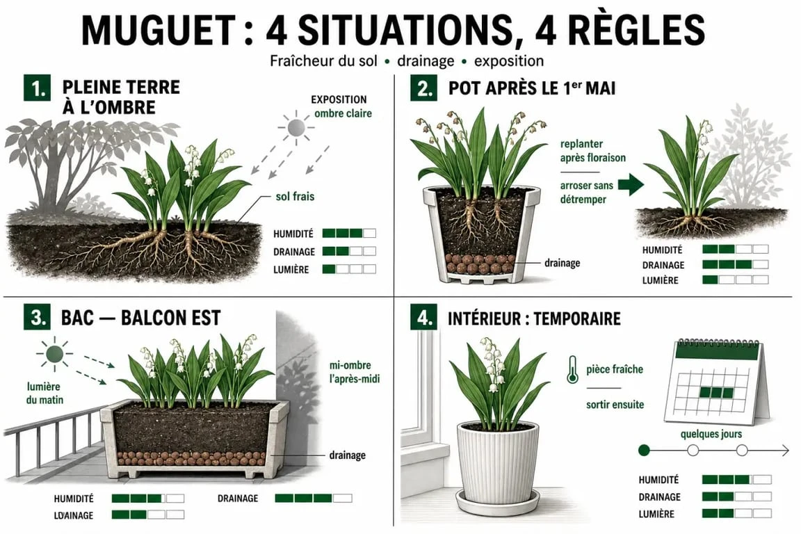Quand et comment planter le muguet : comparaison des situations en pleine terre, pot, bac et intérieur