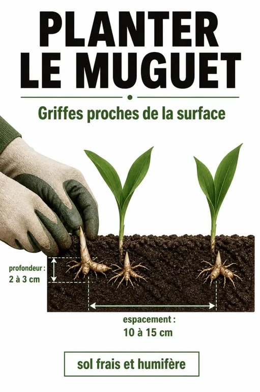 Quand et comment planter le muguet : schéma de plantation en pleine terre avec profondeur et espacement