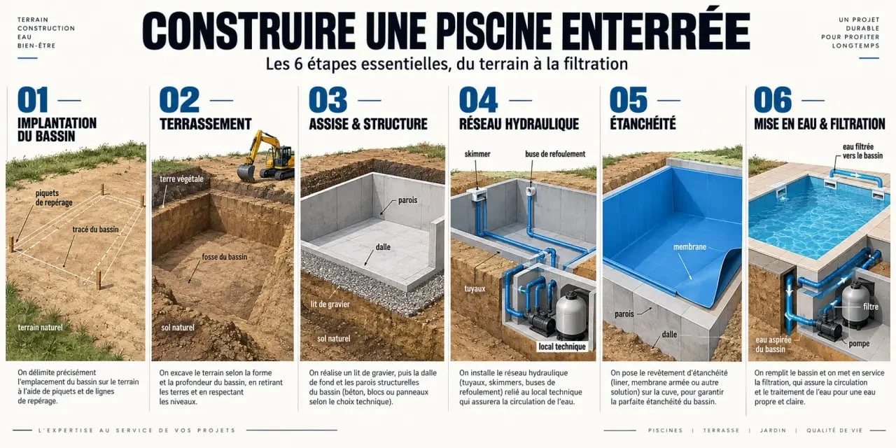 Étapes de fabrication d’une piscine enterrée, du terrassement à la mise en eau
