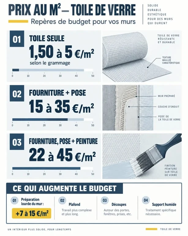 Infographie du prix m2 toile de verre selon le grammage, la pose et la peinture