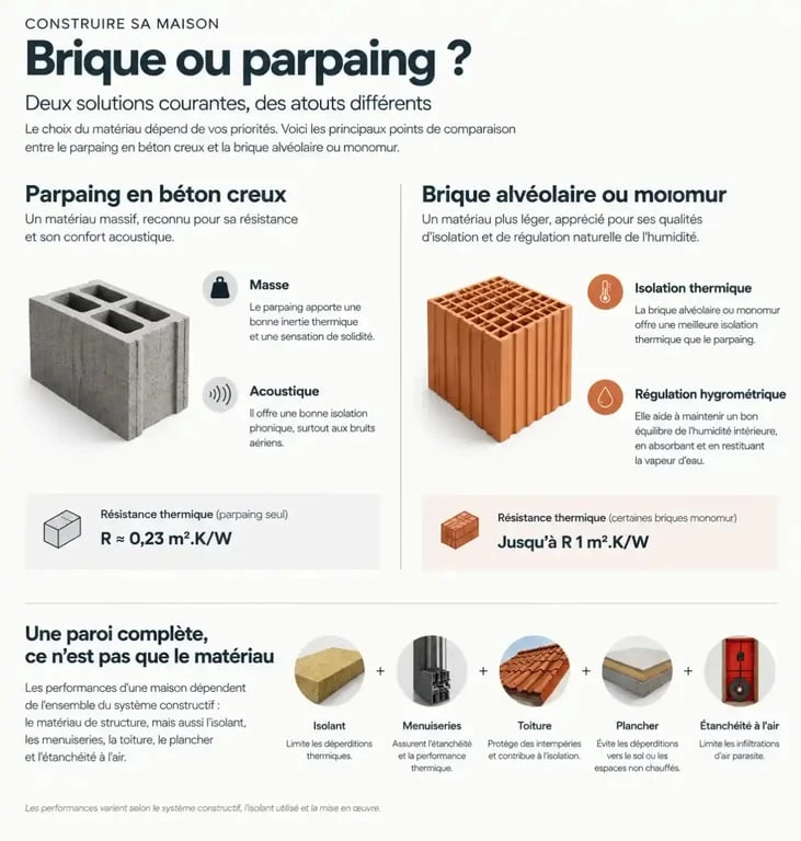 Infographie brique ou parpaing : comparaison de l’isolation, de l’acoustique et de l’humidité