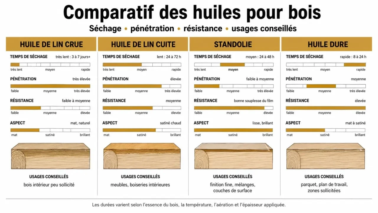 Comparatif huile de lin bois entre crue, cuite, standolie et huile dure