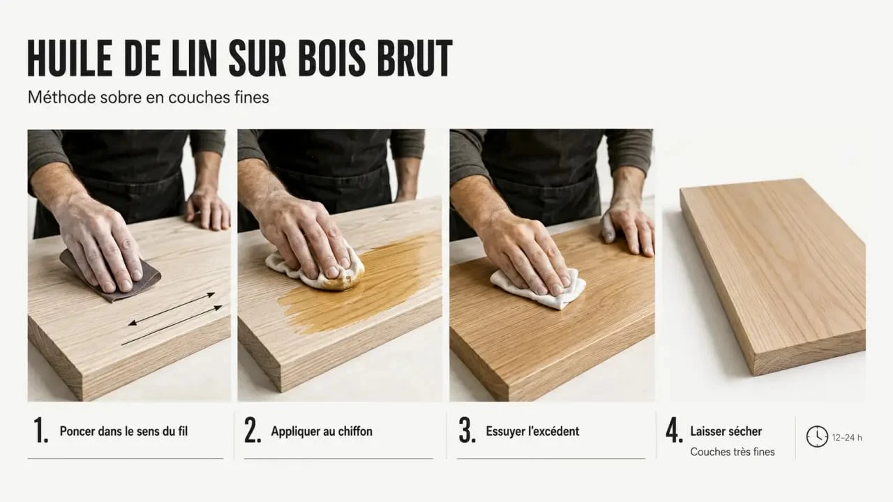 Application de l’huile de lin bois sur un meuble en bois brut