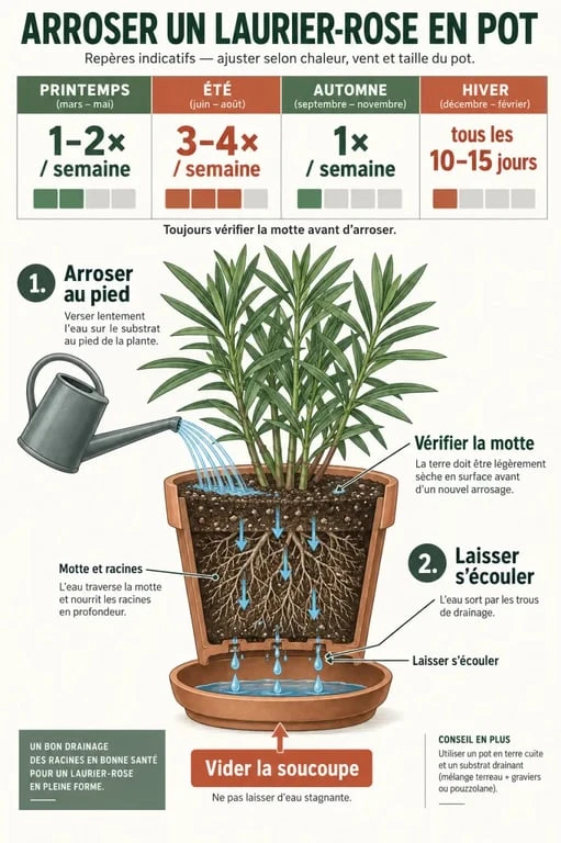 Infographie sur l’arrosage laurier rose en pot selon les saisons et la méthode de drainage