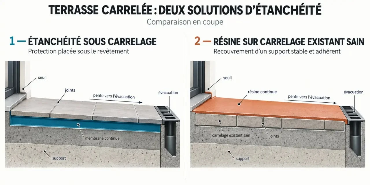 Schéma des solutions d'étanchéité sur carrelage de terrasse, sous carrelage et sur revêtement existant