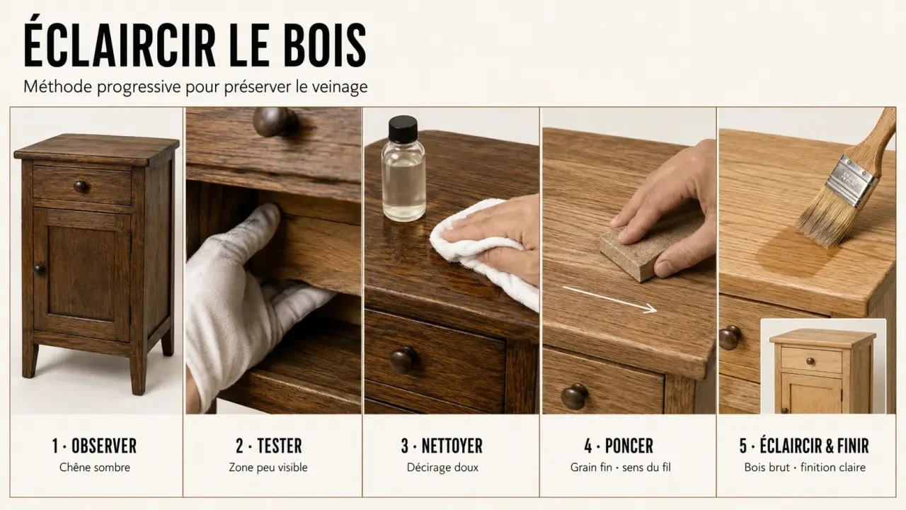 Étapes pour éclaircir le bois d’un meuble sombre, du diagnostic à la finition claire