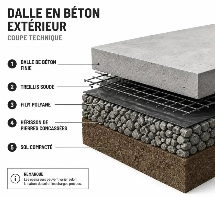 Schéma de la structure d'une dalle en béton pour extérieur avec hérisson et ferraillage