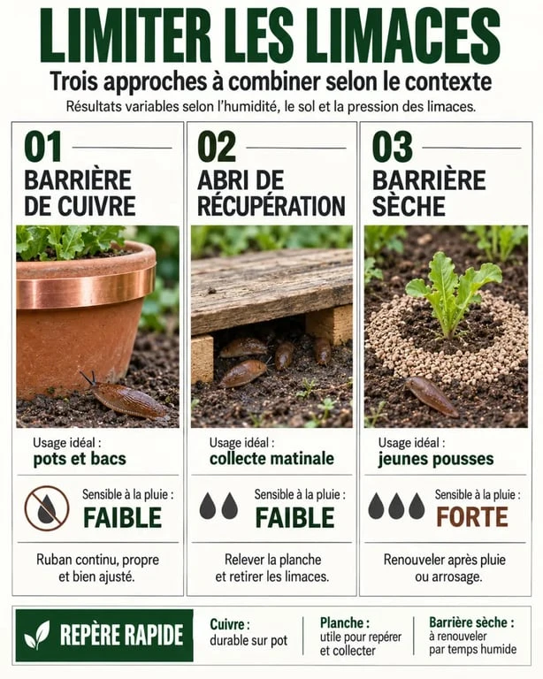 Répulsif naturel limace : comparaison du cuivre, des abris et des barrières sèches au jardin