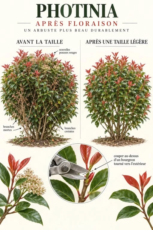 Quand tailler les photinia : schéma de taille après floraison et coupe au-dessus d’un bourgeon