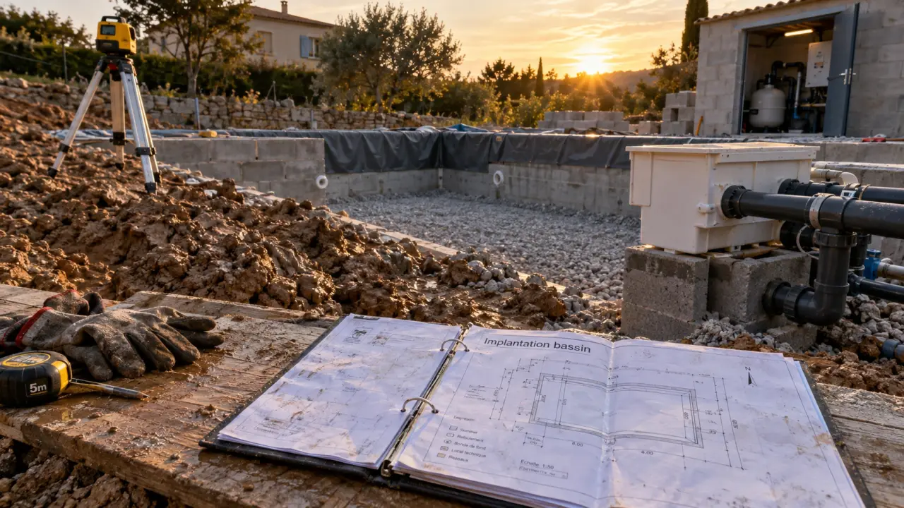 Fabrication d une piscine : terrassement, niveau laser et implantation