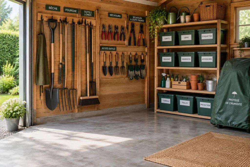 Aménager un rangement d’outils de jardin efficace, du sol libéré aux supports muraux