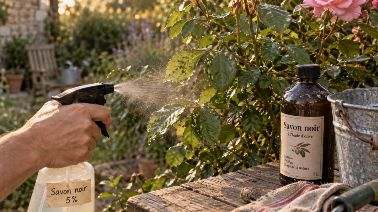 Savon noir pucerons : pulvérisation sur rosier, 50 ml par litre
