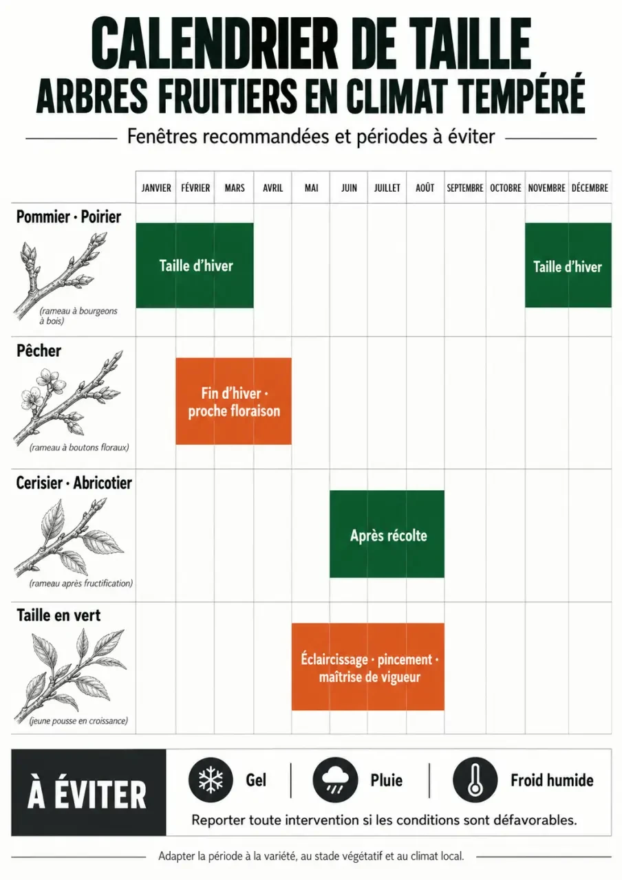 Quand tailler arbres fruitiers : calendrier visuel des périodes de taille mois par mois