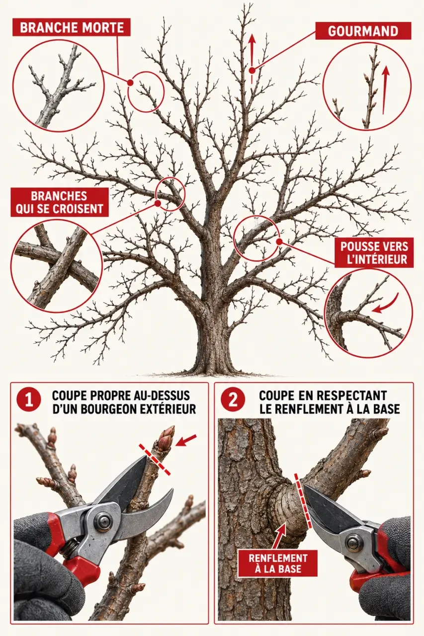 Quand tailler arbres fruitiers : gestes de coupe sur un pommier, bourgeons et branches à supprimer