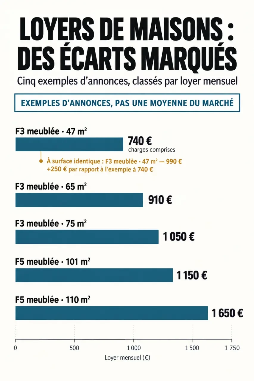 Maison à loyer : comparaison de cinq exemples de loyers selon la surface et le nombre de pièces