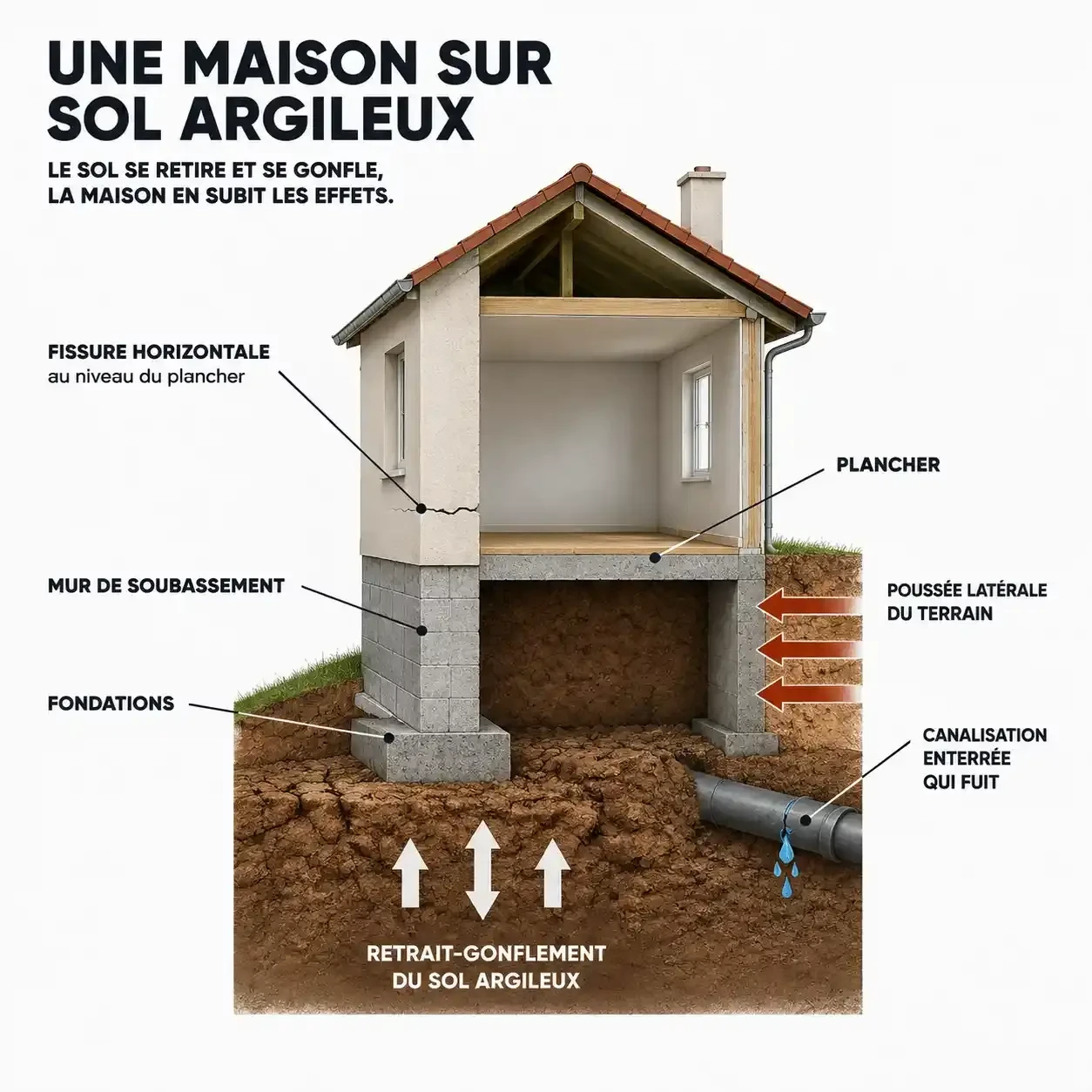 Schéma des causes d'une maison avec fissures horizontales : sol argileux, fondations, poussée latérale et fuite enterrée