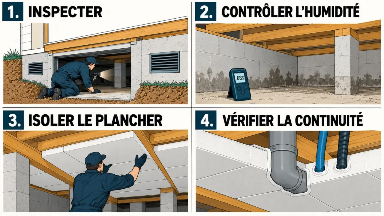 Illustration des étapes pour isoler un vide sanitaire par la sous-face du plancher