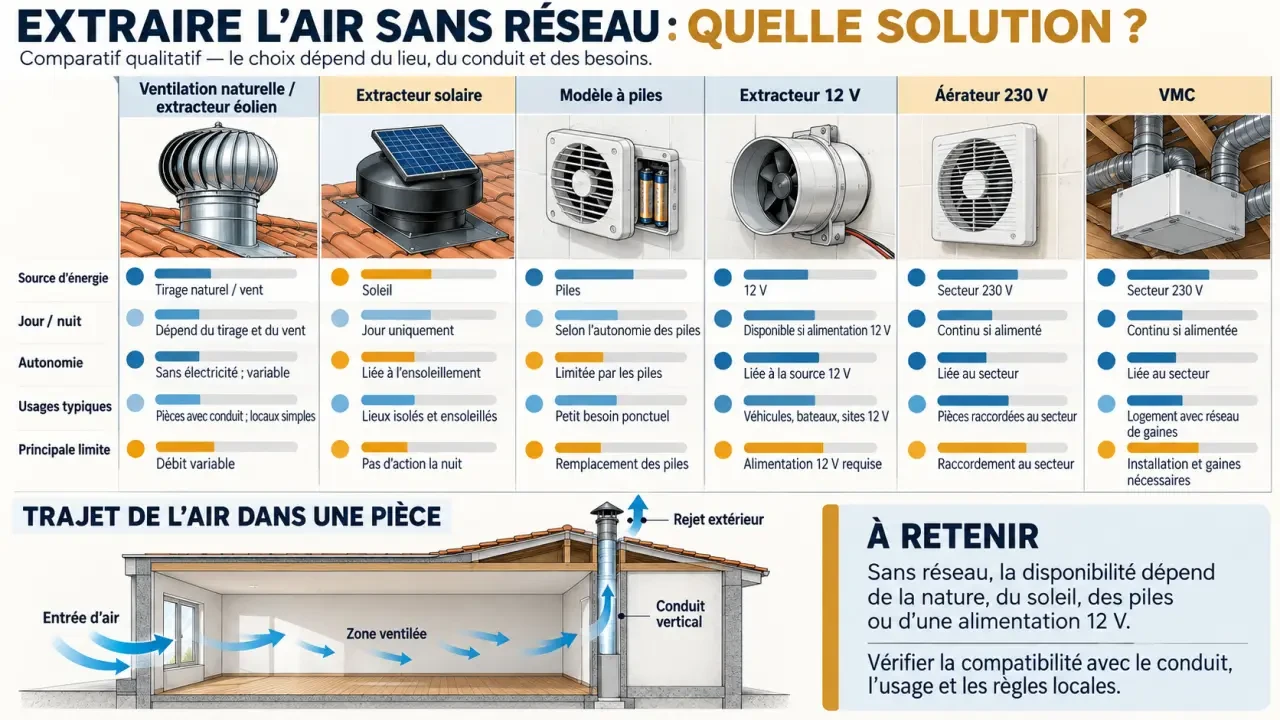 Infographie comparative d’un extracteur d’air sans électricité, solaire, à piles, 12 V, 230 V et VMC