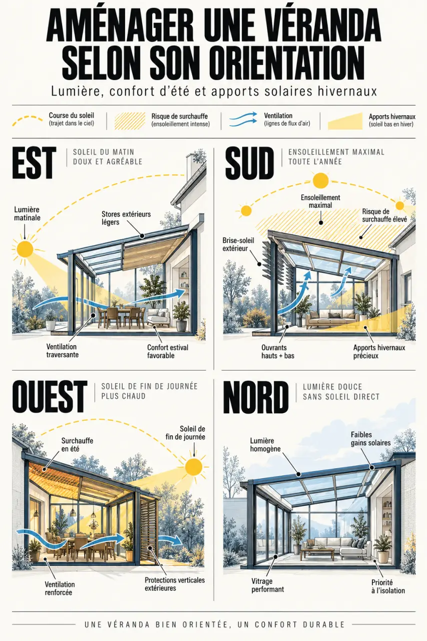 Infographie pour aménager une véranda lumineuse selon l’orientation, l’ombrage et la ventilation