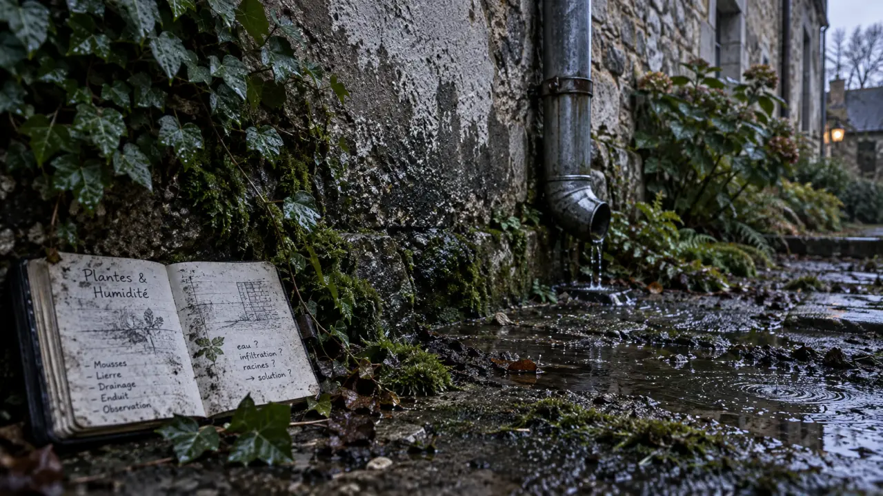 Plante qui absorbe lhumidité des murs extérieur, mur humide avec mousse et lierre