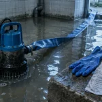 Pompe inondation submersible avec tuyau évacuant l’eau d’une cave inondée