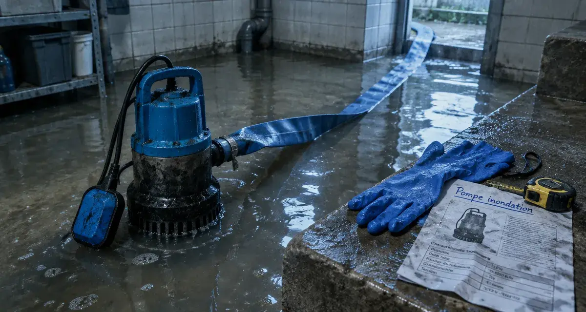 Pompe inondation submersible avec tuyau évacuant l’eau d’une cave inondée